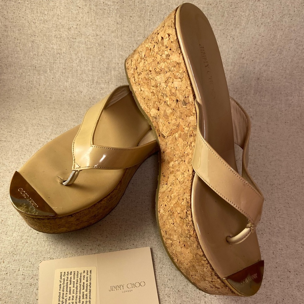 Jimmy Choo Beige Patent Leather Cork Platform Flip Flops